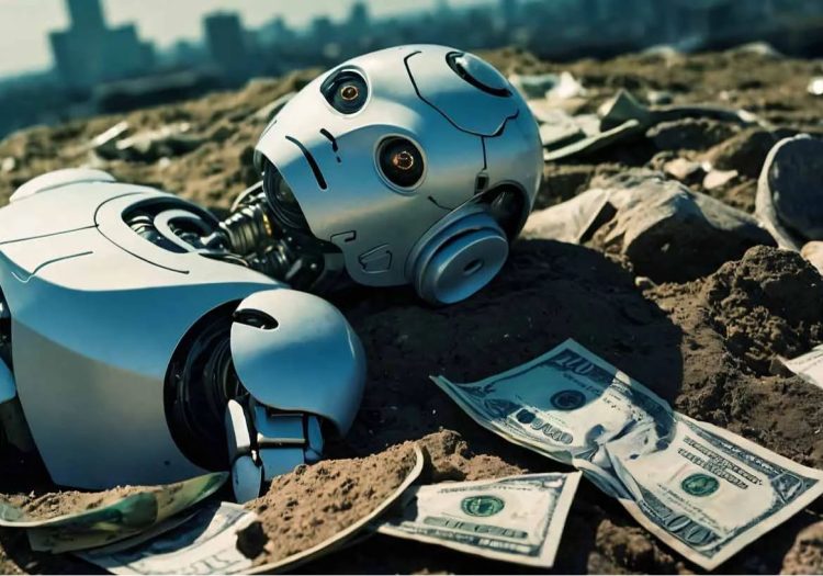 Robo deitado em um campo aberto com dinheiro ao redor