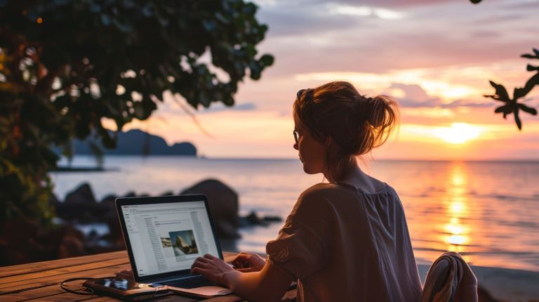 Mulher trabalhando da praia
