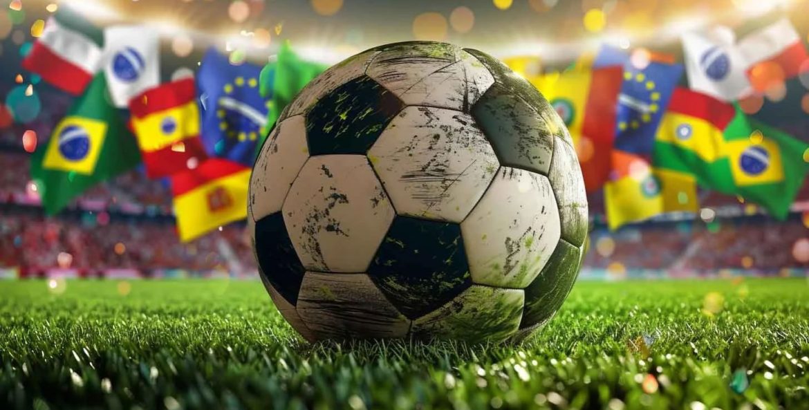 Bola de futebol no campo, com bandeiras de diferentes paises no fundo