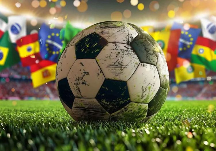Bola de futebol no campo, com bandeiras de diferentes paises no fundo
