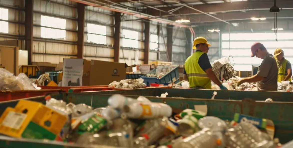 funcionarios trabalhando em fabrica de reciclagem