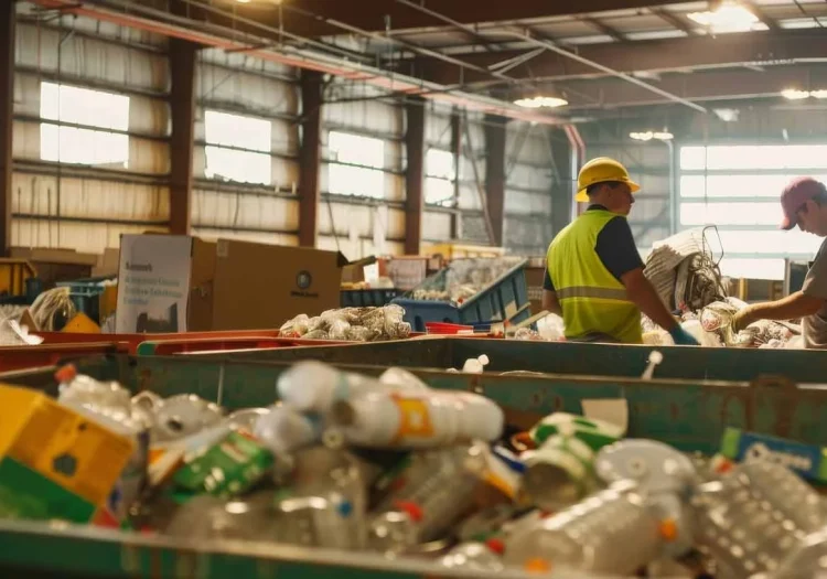 funcionarios trabalhando em fabrica de reciclagem