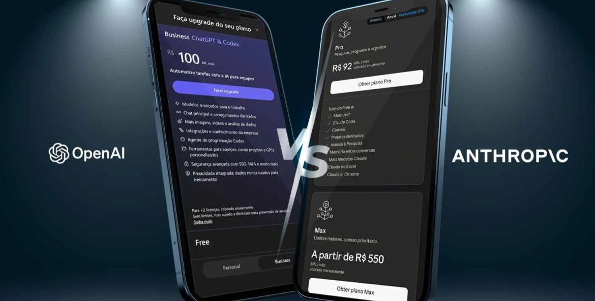 2 Celulares mostrando preços das duas IA (OpenAI e Anthropic)
