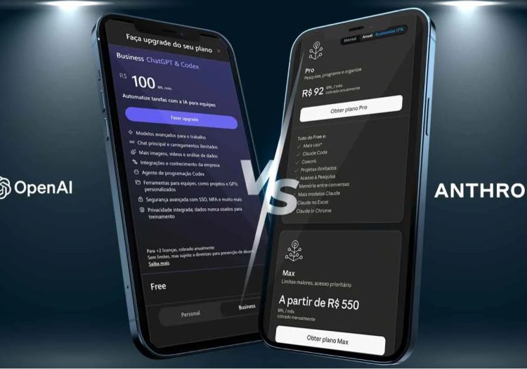2 Celulares mostrando preços das duas IA (OpenAI e Anthropic)