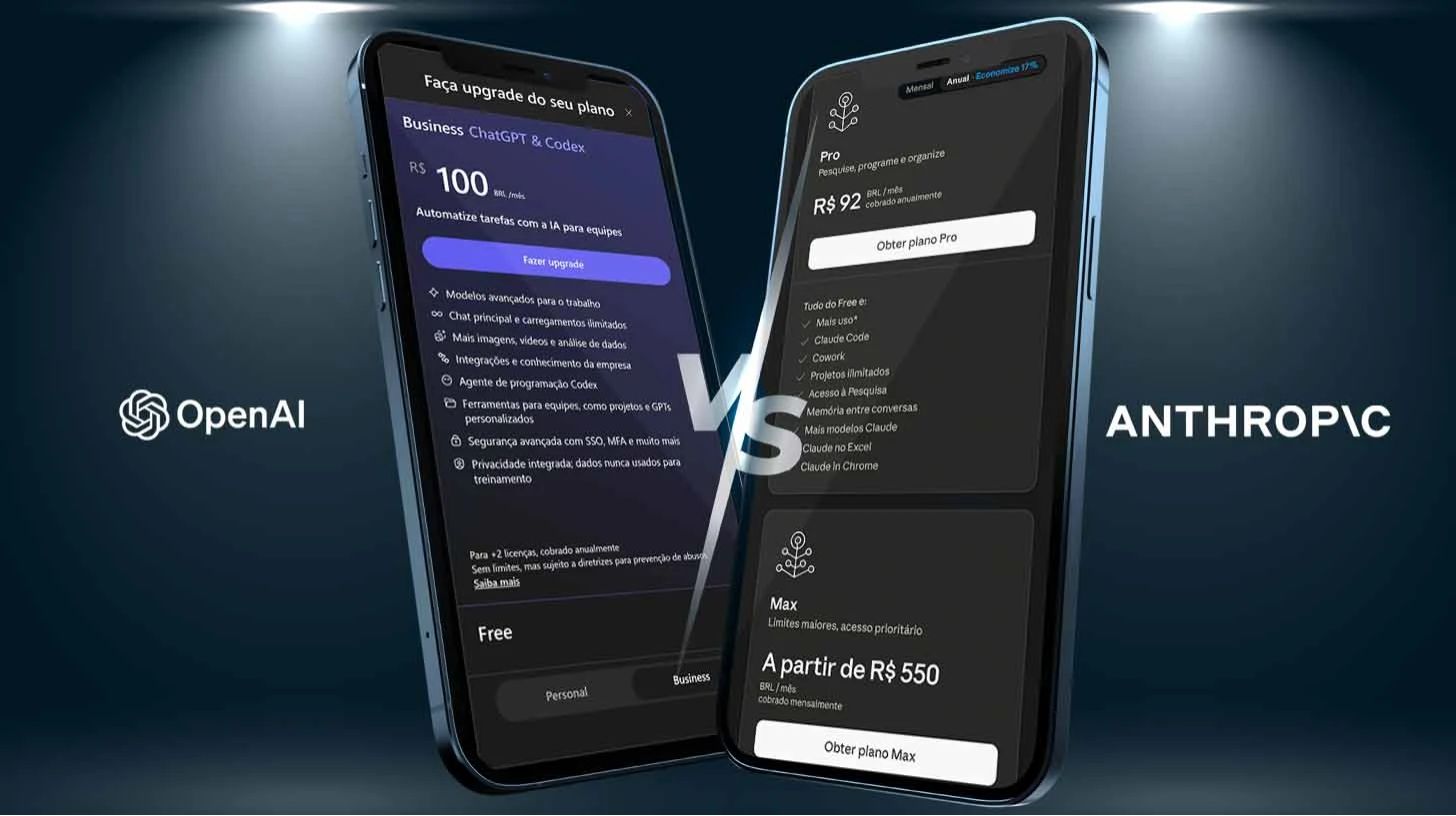 2 Celulares mostrando preços das duas IA (OpenAI e Anthropic)