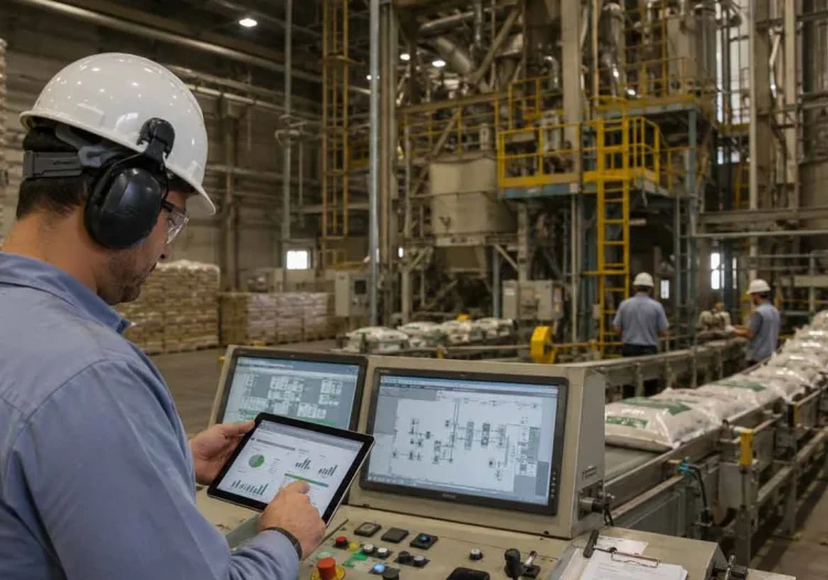 Homem operando computador em fabrica