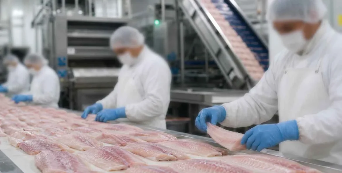 Homens trabalhando em fabrica de tilapia