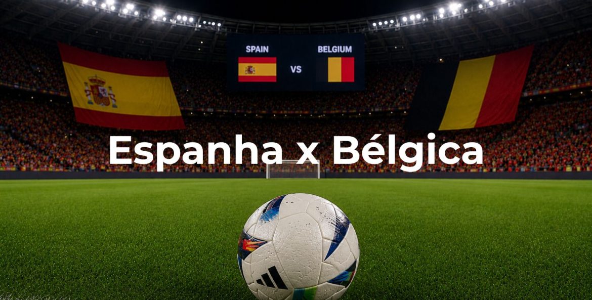 As duas bandeiras das duas seleções Espanha e Belgica em campo.
