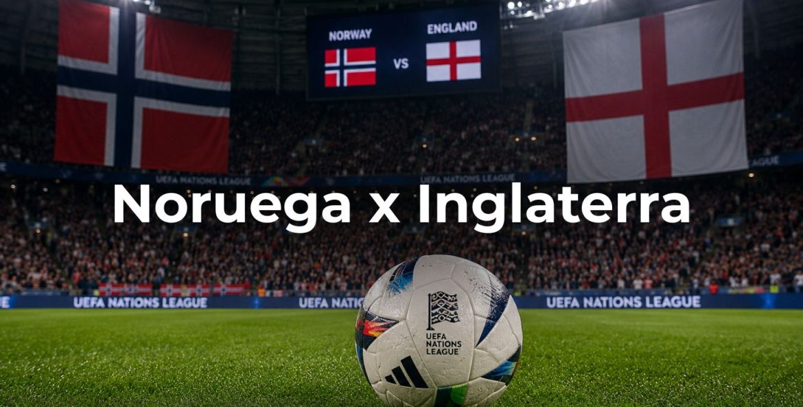 Bandeiras das duas seleções Noruega e Inglaterra dentro de campo