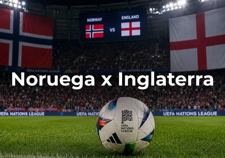 Bandeiras das duas seleções Noruega e Inglaterra dentro de campo
