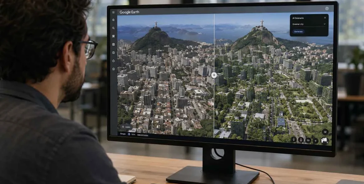 Homem fazendo comparação de duas telas uma com o novo sistema do Google Earth