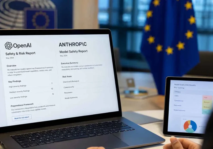 Homem vendo a tela do notebook com as duas IA, anthropic e OPENAI
