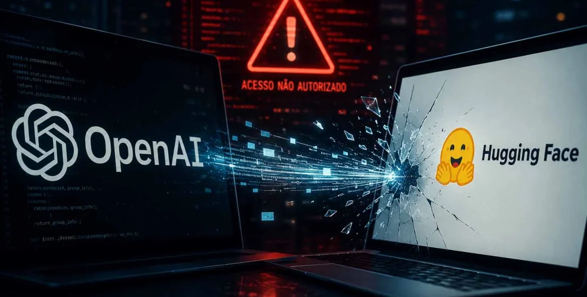 Duas telas de notebook mostrando duas empresas, openai e hungingface