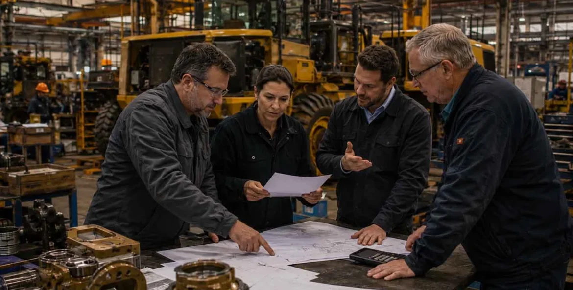Equipe reunida trabalhando no setor de maquinas