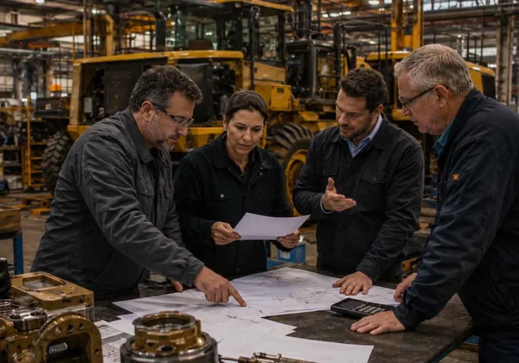 Equipe reunida trabalhando no setor de maquinas
