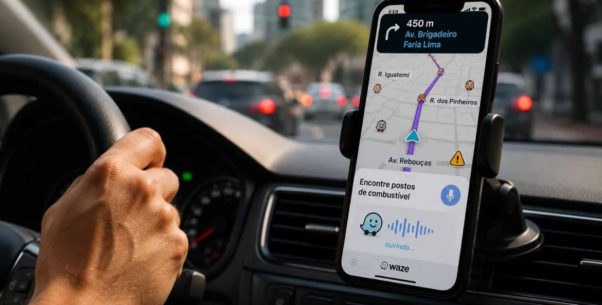 Painel do carro com celular aberto no Waze