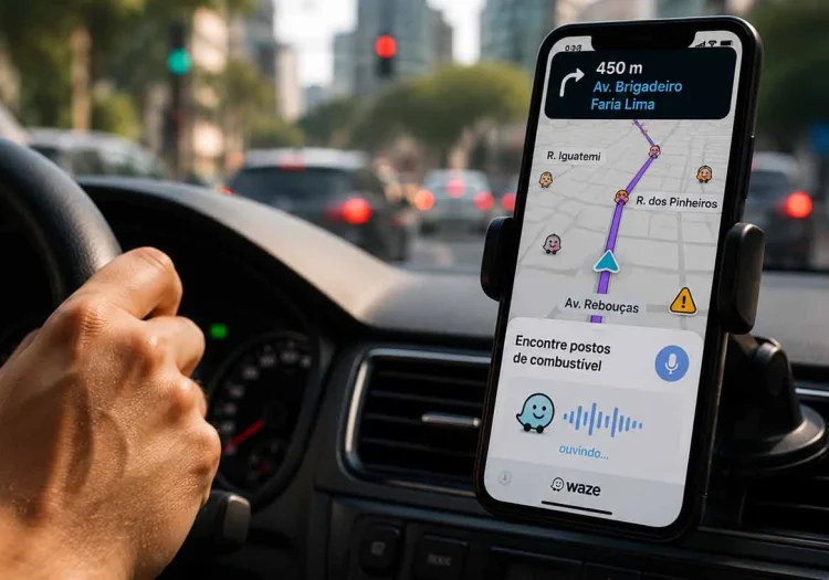 Painel do carro com celular aberto no Waze