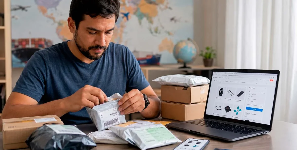 Homem olhando o notebook mostrando suas compras internacionais