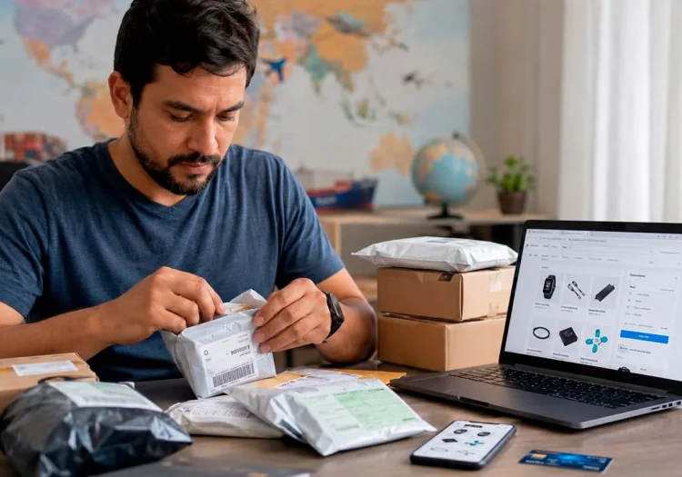 Homem olhando o notebook mostrando suas compras internacionais