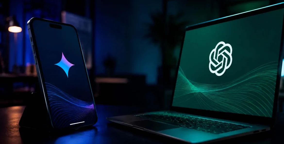 Gemini no celular e chatgpt na tela do notebook