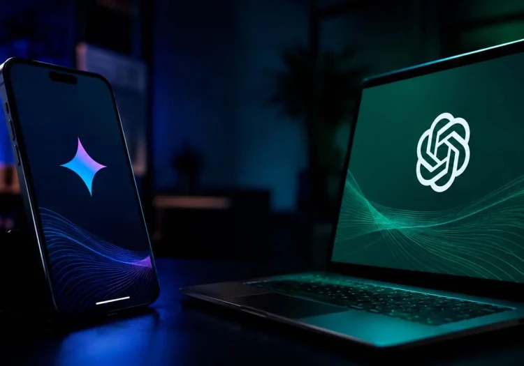 Gemini no celular e chatgpt na tela do notebook