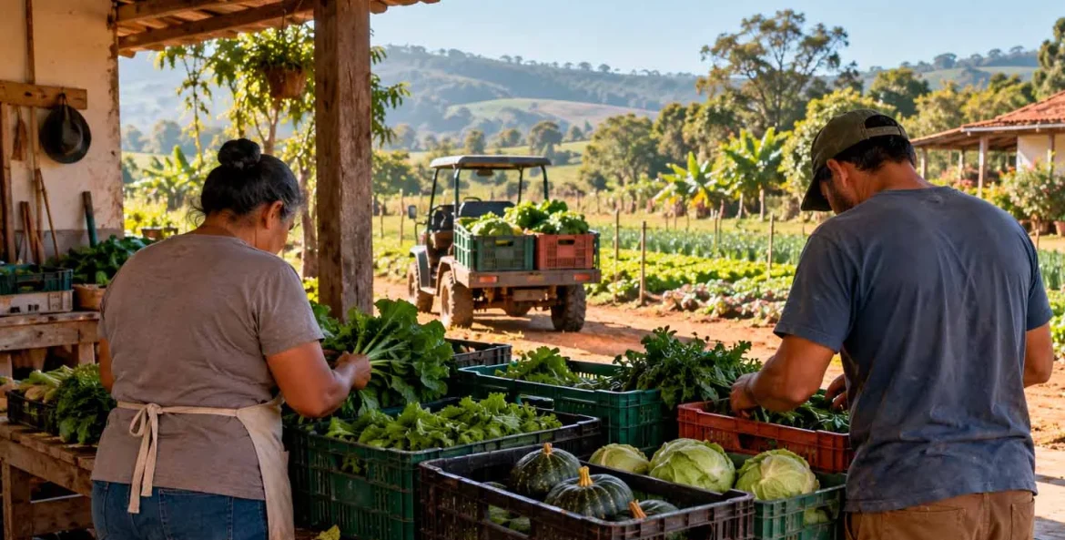 Casal vendendo verduras e frutas