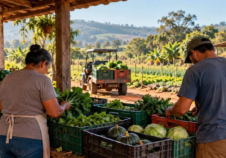 Casal vendendo verduras e frutas
