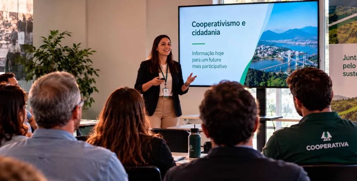 Mulher apresentando o cooperativismo