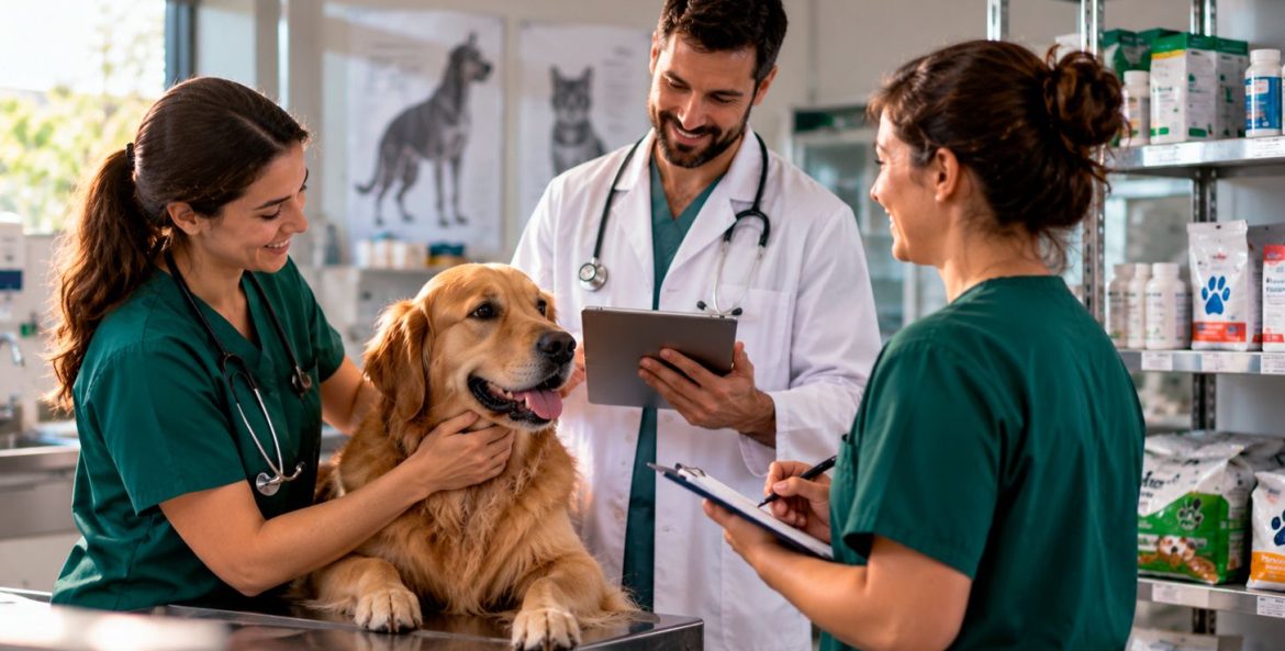 Clinica veterinaria cuidando de um golden