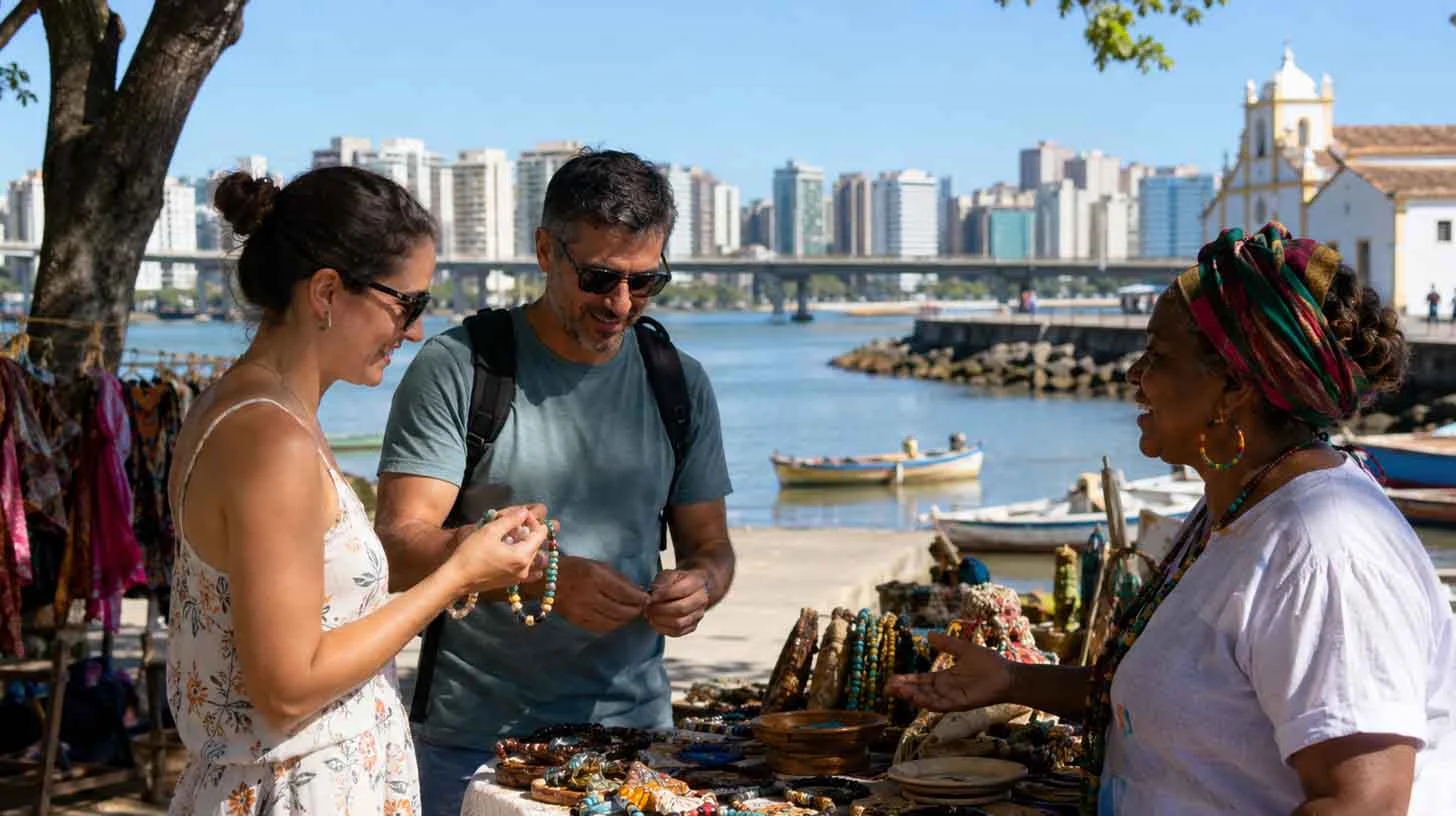 Casal turista comprando miçangas e fortalecendo a cultura regional