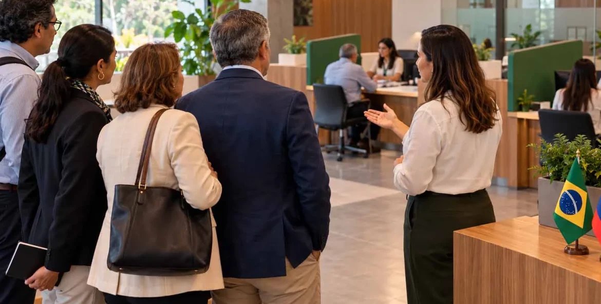 Mulher apresentando a sala para conversarem sobre o intercambio de credito
