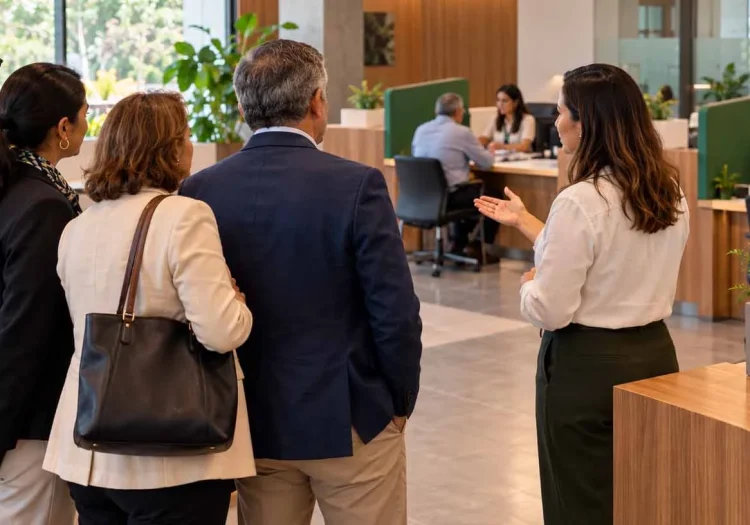 Mulher apresentando a sala para conversarem sobre o intercambio de credito