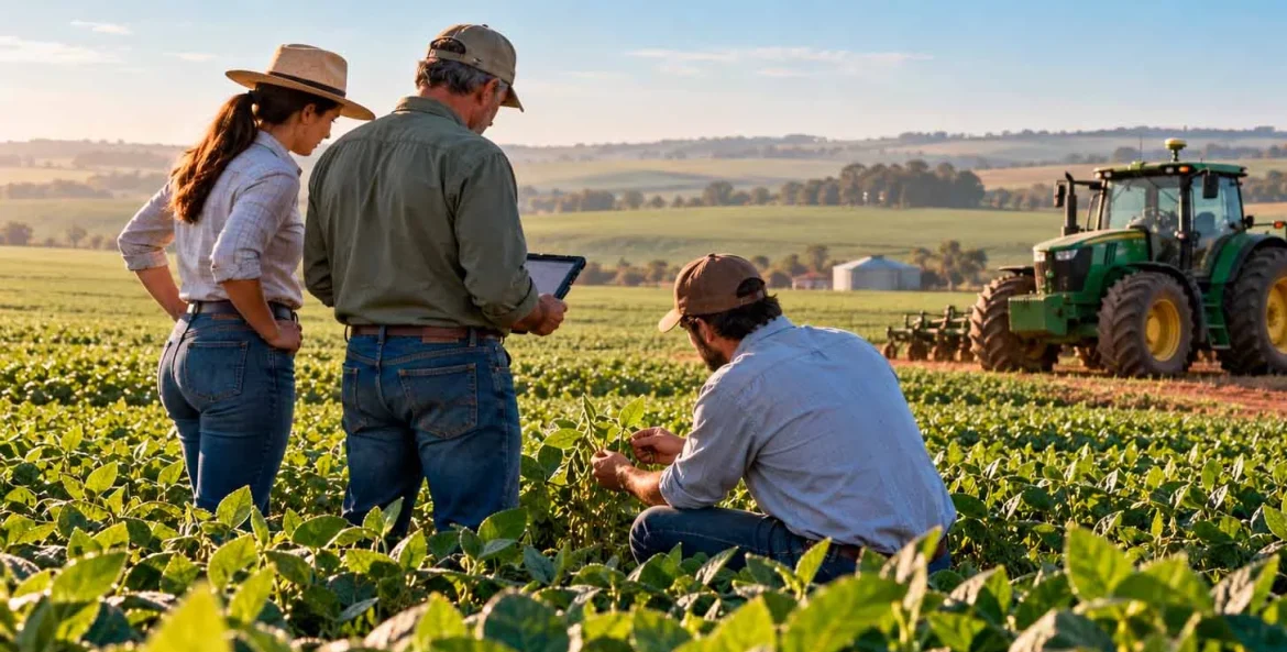 Pessoas no campo conferindo um ipad